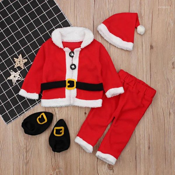 Conjuntos de roupas nascidos meninos traje de natal infantil casaco de lã calças chapéu sapatos de pelúcia roupas de papai noel para o bebê roupas de natal 3-24m 4 pçs/set