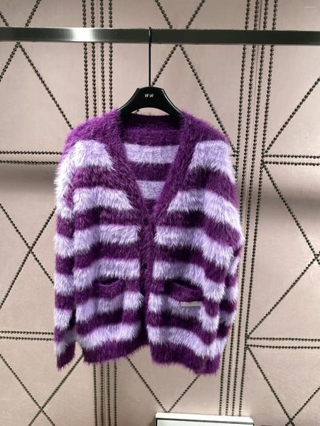 Cardigan Fusion in visone con scollo a V a righe viola vintage lavorato a maglia da donna, maglione a maniche lunghe per età ridotta, vestibilità ampia