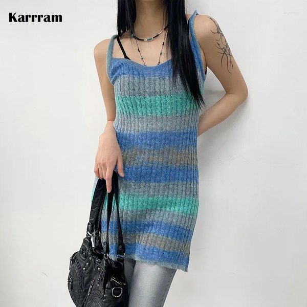 Lässige Kleider Karrram Koreanische Mode geripptes Kleid Vintage gestreift gestrickt Grunge Spaghetti Strap Midi High Street Streetwear Y2k