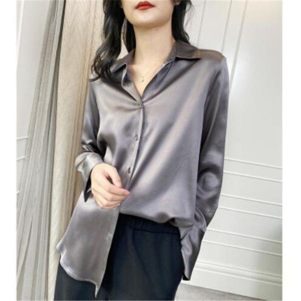 Damenblusen Hemden Frühling Herbst Tops Damen Kleidung Koreanisch Lose OL Graues Hemd Blusas Mujer Büro Seidensatin Damen Einfache BluseWom