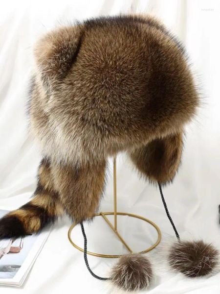 Berets MS.MinShu Bonito Inverno Cabeça Aquecedor com Earflap e Cauda Crianças Mulheres Natural American Raccoon Fur Chapéu para Crianças