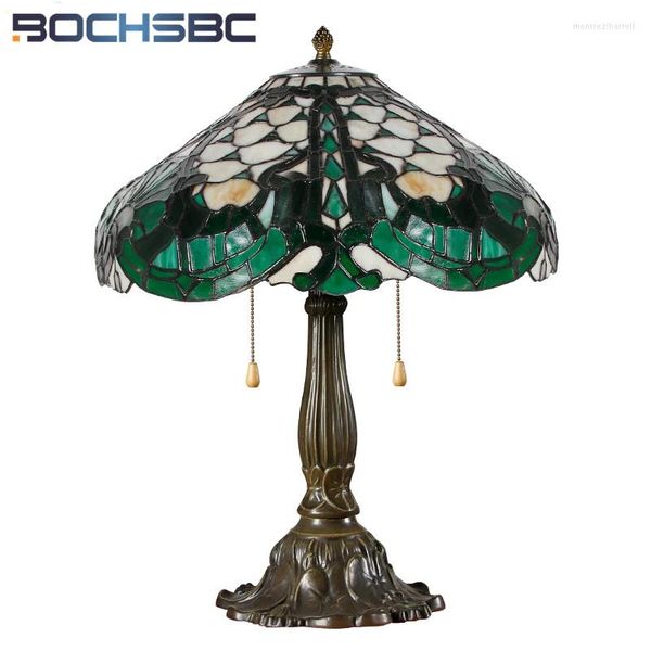 Tischlampen BOCHSBC Tiffany Green Barock-Stil Lampe Gusslegierung Lotus Rahmen Buntglas Kunstdekoration Nachttisch Dimmschalter 16