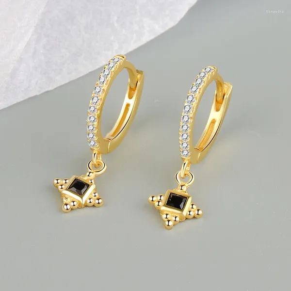 Pendientes de aro KOFSAC de Plata de Ley 925 para mujer, pendientes elegantes de circonita negra cuadrada de Color dorado, joyería de uso diario para mujer