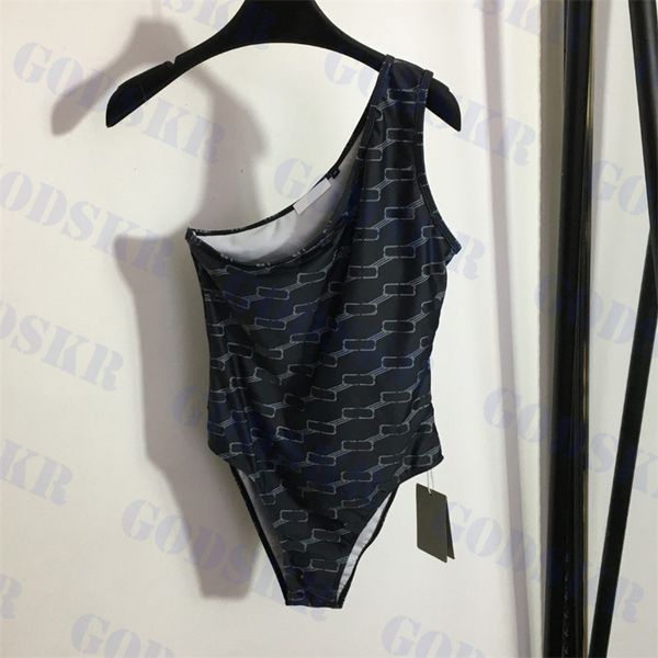 Costume da bagno monospalla a righe con lettera a righe Bikini da donna grigio scuro con pettorali