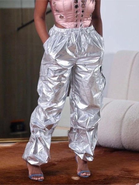 Frauen Hosen 2023 Sommer Kleidung Hohe Qualität Mode Breite Bein Regenschirm Dünne Abschnitt Lose Beiläufige Silber Schwarz Overalls