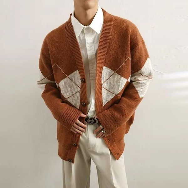 Camisolas masculinos de crochê gráfico vintage V Cardigan masculino de malha de manga comprida