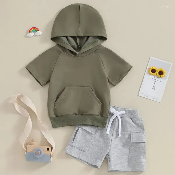 Kleidungssets für geborenes Baby, Shorts, Sommerkleidung, einfarbig, mit Kapuze, kurzärmlig, T-Shirts, Tops und Taschen, elastische Taille