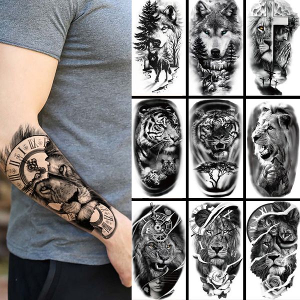 Pertenhado de tatuagem temporária à prova d'água Floresta Big Tiger Lion Wolf King Body Body Hand Art Art Cool Animal Black Mulheres Tatuagens falsas