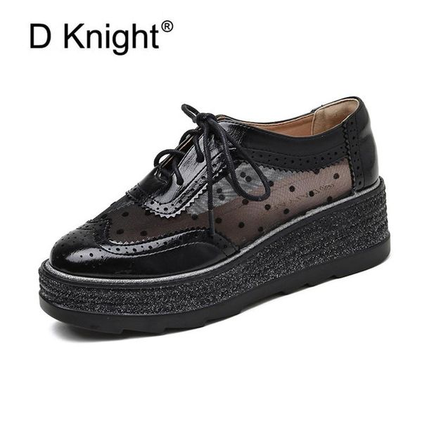 Abendschuhe Britischer Stil Schnürschuhe Single Damen Pumps Sommer Keilabsatz Brogues 2023 Mesh Plateau Oxford Für Damen