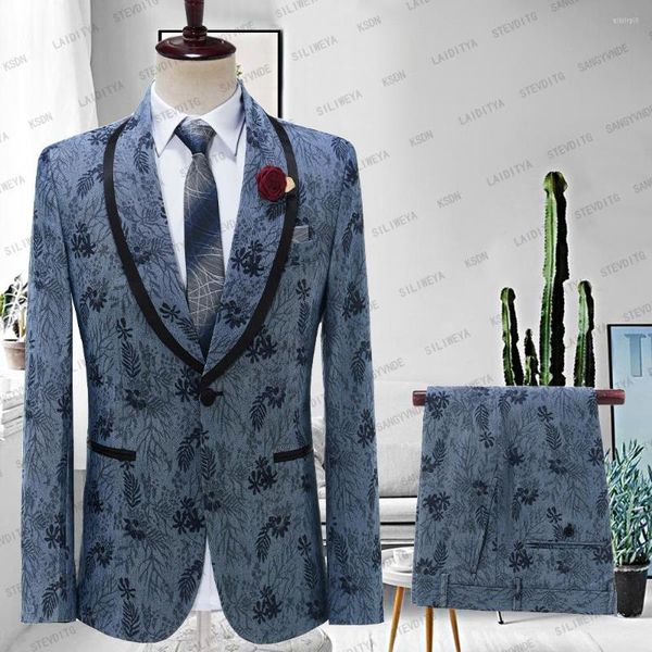 Abiti da uomo 2023 Luxury Denim Blue Jacquard Floral Wedding Gentlemen Smoking da uomo Risvolto con visiera 2 pezzi Giacca Slim Pant