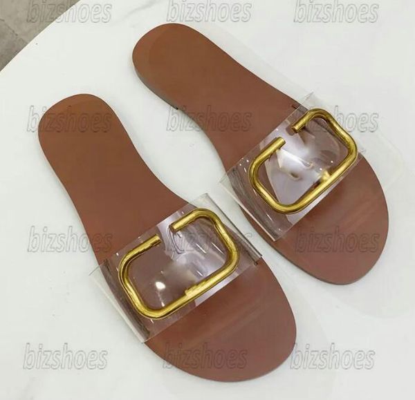 Дизайнерские женские сандалии V Signature Slide Sandal Прозрачные сандалии Зернистая воловья кожа Туфли на плоской подошве Летние пляжные повседневные тапочки для женщин