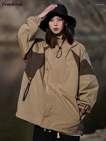 Jaquetas femininas mulheres estilo japonês retalhos contraste cor com capuz casal sobretudos all-match streetwear ao ar livre outono manga longa