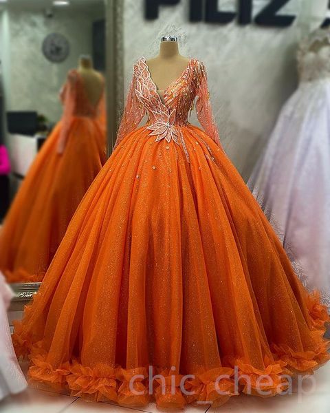 2023 April ASO EBI Orange Crystals Quinceanera vestidos de tule de tule de tule de tule baile de baile de festas de festas noturnas