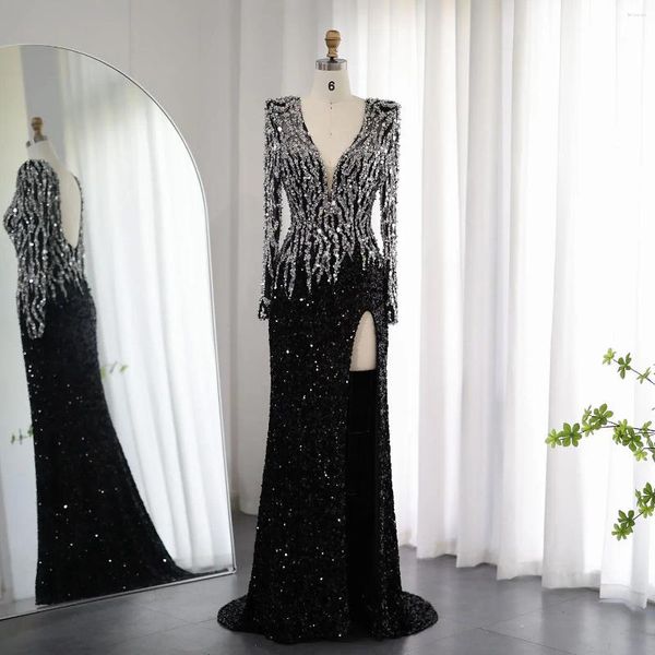Abiti da festa di lusso sirena nera Dubai sera 2023 elegante scollo a V maniche lunghe donne arabe abiti formali Vestido De Noche