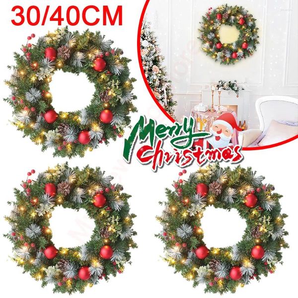 Flores decorativas 30/40cm guirlanda de natal para porta com luzes led brilhantes pinha artificial berry navidad decorações 2024