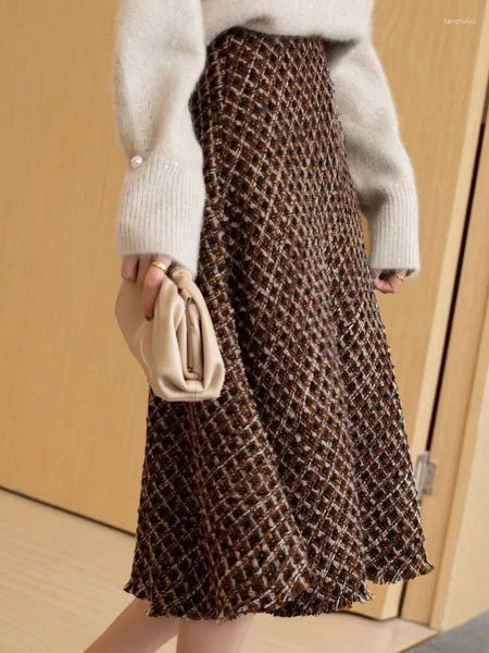 Юбки, осенне-зимняя маленькая твидовая шерстяная юбка для женщин, толстая теплая длинная клетчатая юбка в корейском стиле Faldas Mujer Moda 2023