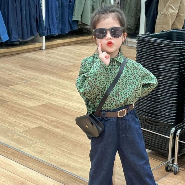 Kleidung Sets Vintage Baby Kleidung 2 stücke Kleines Mädchen Grün Leopard Gedruckt Langarm Bluse und Hosen Zwei Stück Kind jungen Hemden Jeans