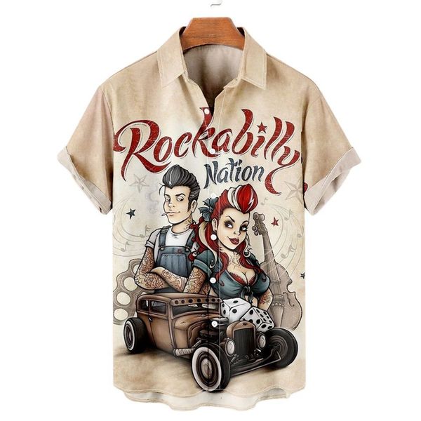Herren Freizeithemden für Herren 3D Vintage Mode Violine Rocker bedruckt Rockabilly Hawaiihemd Kurzarm Top Homme Harajuku Ropa Hombre 230421