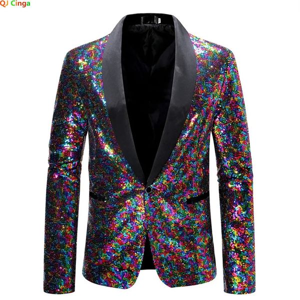 Männer Anzüge Blazer Bunte Glitter Pailletten Dekoration Schwarz Kragen Blazer Hochzeit Party Kleid Mäntel Blau Männliche Anzug Jacke S M L XL XXL 231121