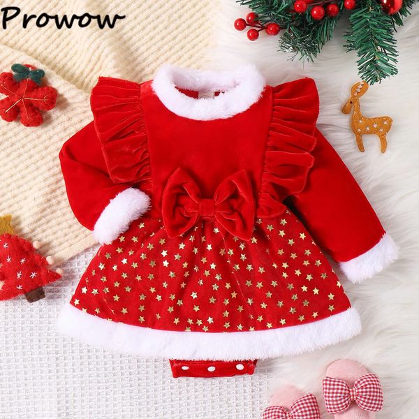 Strampler Prowow Baby Mädchen Weihnachtskleidung Roter Samt Rüschen Fleece Strampler geborene Weihnachtskleider Mein erstes Jahr Kostüm 231120