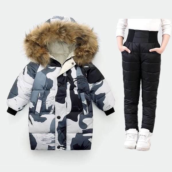 Conjuntos de roupas moda inverno meninos meninas jaqueta quente midi casaco calças 2 pcs bebê crianças roupas unisex capuz peludo 231120