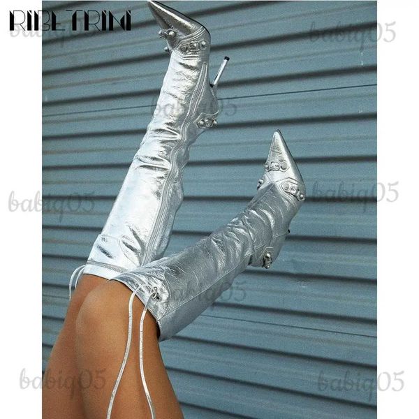 Botas Sexy Stiletto Salto Alto Mulheres Botas Metálicas Ouro Prata Rivit Marca Apontou Toe Plataforma Sapatos Zipper Luxo Sexy Party Boots T231121