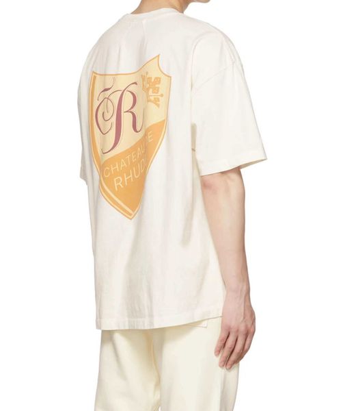 Abbigliamento di moda firmato T-shirt T-shirt Rhude T-shirt a maniche corte con stampa emblema giallo Bianco Mezza manica allentata Puro cotone Top estivo da uomo alla moda Streetwear