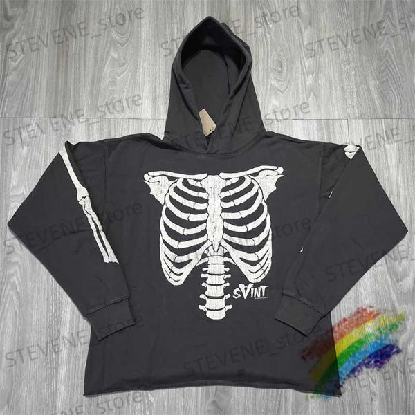 Herren Hoodies Sweatshirts 2023fw Washed SAINT MICHAEL Hoodie für Männer Frauen Schwarz Skeleton Rib Cracking Print Pullover Sweatshirts T231121