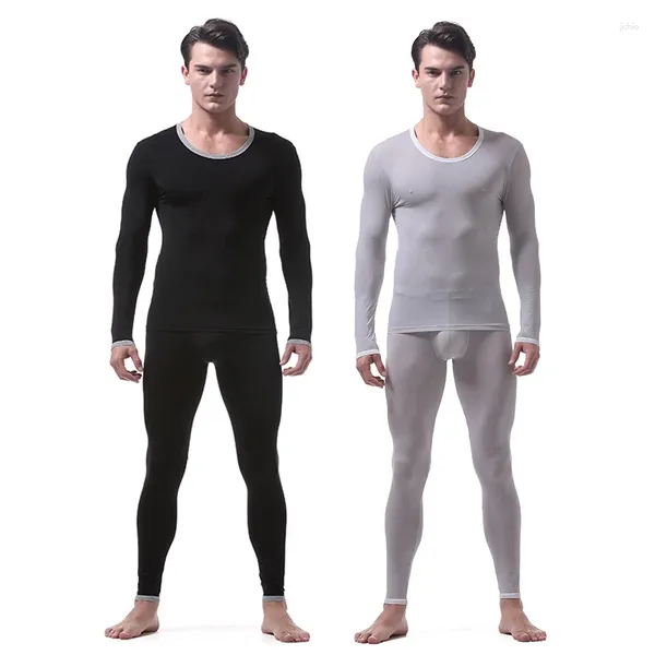 Completo intimo termico da uomo Pigiama sexy ultrasottile lungo in seta di ghiaccio traslucido Collant da uomo Canottiera Leggings Set