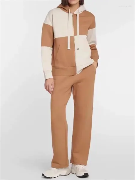 Calças femininas de duas peças outono inverno 2023 senhoras zíper volta carta bordado com capuz ou reto mulheres contraste cor retalhos conjunto