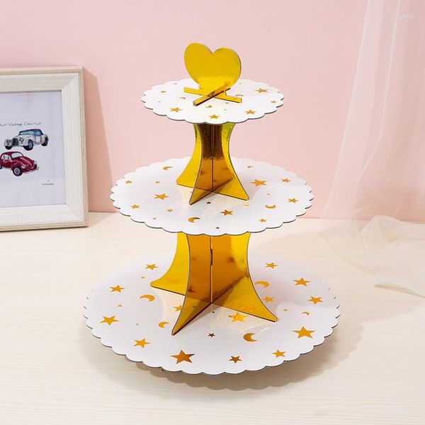 Forniture per feste Supporto per cupcake a stella d'oro a 3 strati Supporto per cupcake pieghevole in cartone rotondo per tavolo da matrimonio