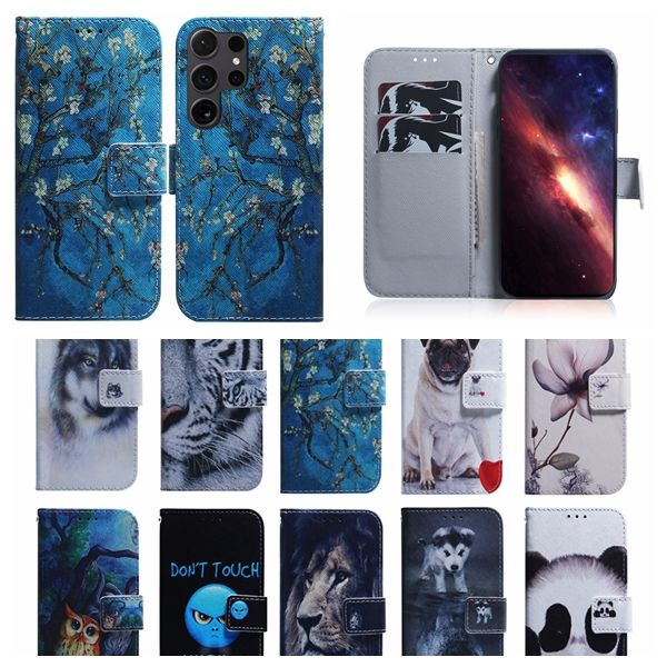 Capas de flores A55 para Samsung S24 Ultra Plus A35 A05 A05S A15 S23 FE A14 5G A15 M34 Moto Edge 40 Neo G84 G54 G14 Carteira de couro Wolf Tiger ID Slot para cartão Flip Cover Holder Bolsa