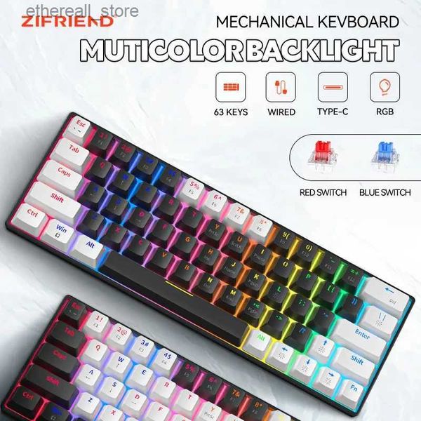 Teclados Zifriend Teclado Mecânico 63 Teclas Teclados de Jogos Com Fio Tipo-C Hot Swappable Mini Teclados Mecânicos para PC Interruptores Vermelhos Q231121