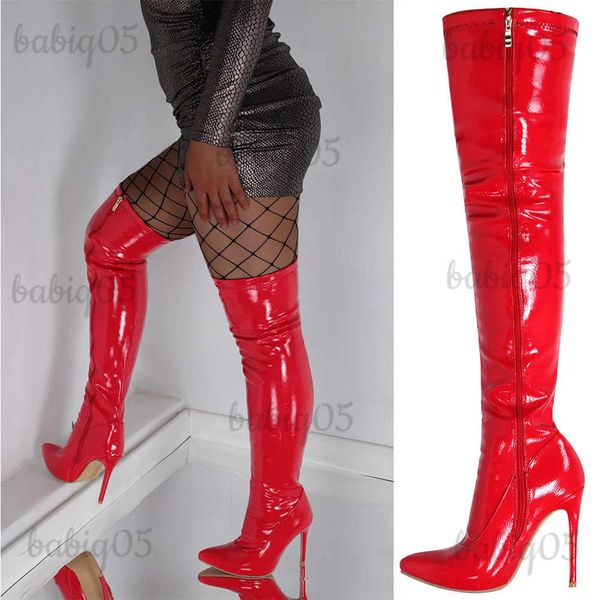 Botas ribetrini sexy apontou toe coxa botas altas para mulheres salto alto zip sobre o joelho botas longas vermelho branco preto sapatos mulher t231121