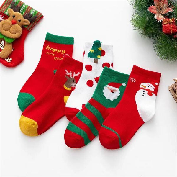 Crianças meias 5 pares/lote meias infantis outono e inverno dos desenhos animados elk natal tubo meias penteado algodão vermelho meninos meninas meias do bebê 231121