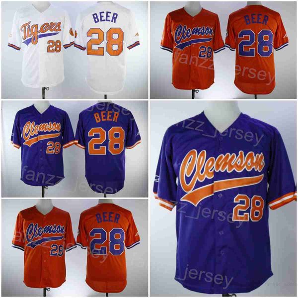 Baseball College Clemson Tigers Jerseys 28 Seth Beer Equipe Color Cor Purple Orange Bordado Bordado Cooperstown Vintage Base Cool Universidade Pure Cotton Man