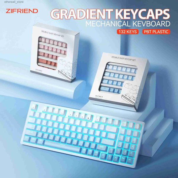Teclados Zifriend 132pcs Chaves Caps Set para DIY Teclado Mecânico PBT Gradiente Azul Keycaps CIY 60% Gaming Personalizado Keycap Top Side Print Q231121
