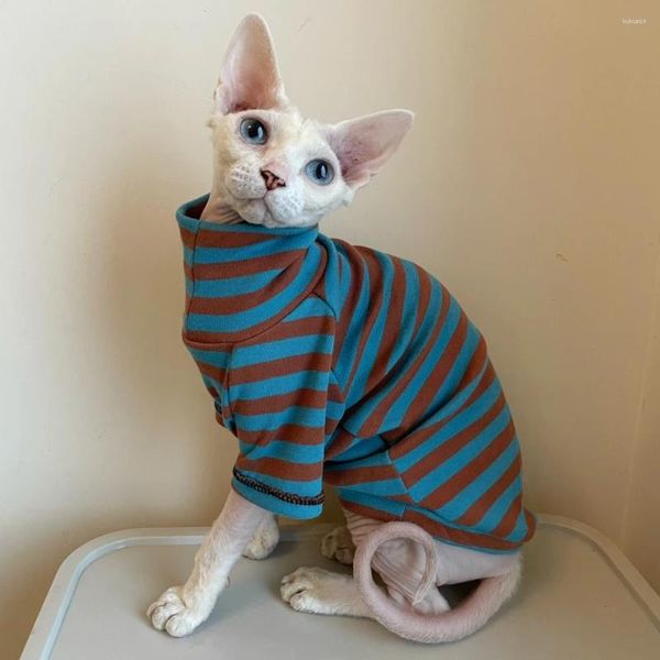 Trajes de gato Sphynx roupas casaco listrado para masculino macio azul alto pescoço inverno undershirt devon rex mangas compridas loungewear primavera