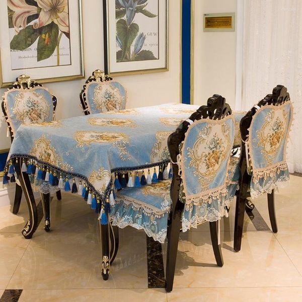 Tovaglia Tovaglia in pizzo ricamato jacquard di seta blu Coprisedia antiscivolo Festa di nozze Decorazioni europee avanzate di Bruxelles