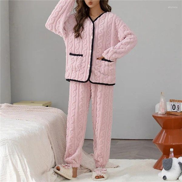 Pijamas femininos 2023 inverno quente flanela pijamas conjunto de pijamas femininos pijamas de manga comprida calças bonito macio casa usar roupas para