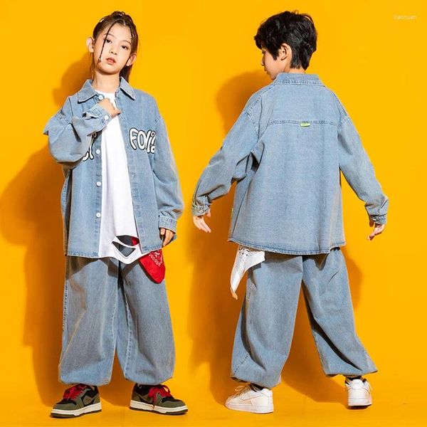 Abbigliamento da palcoscenico Abbigliamento da ballo hip-hop per bambini Camicia blu in denim Jeans streetwear casual Pantaloni larghi per ragazze Ragazzi Abiti per costumi da ballo jazz