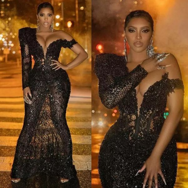 Noir Plus Taille Aso Ebi Robes De Bal Une Épaule Sirène Dentelle Perlée Strass Africain Nigeria Femmes Robe De Soirée Deuxième Robes De Réception Long Train