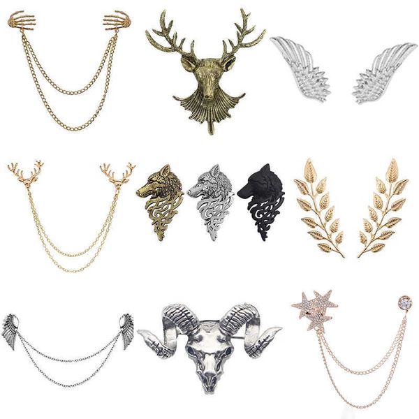 Pins Broschen Vintage Angel Wings Deer Wolf Cat Brosche Für Frauen Mehrere Schichten Kette Crown Skull Head Broschen Hemdkragen Pins Broches Z0421