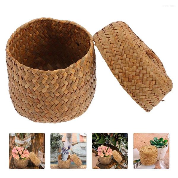 Vasos 2pcs Seagrass Woven Storage Basket Lidded Gift Box Bin Handmade
