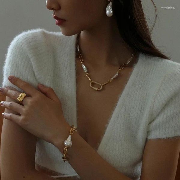 Catene Collana di zirconi con catena di perle barocche naturali per gioielli da donna Punk corta clavicola Moda stile coreano giapponese