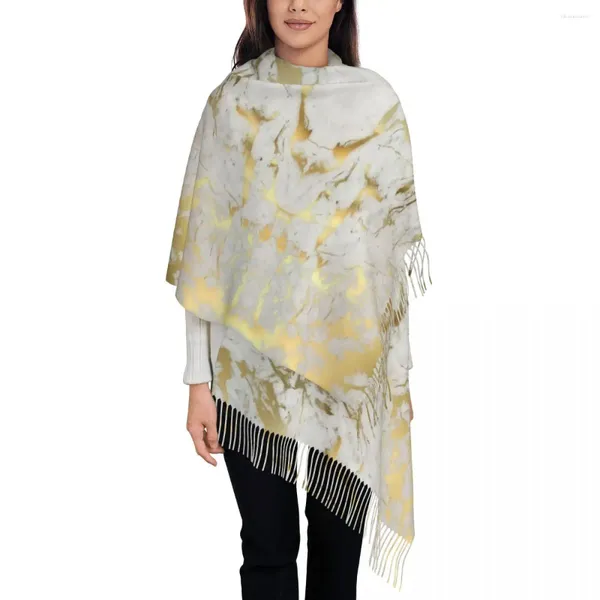 Шарфы Золотой мрамор на белом шарфе для женщин Осенне-зимние шали из пашмины и накидка Современная длинная большая шаль с геометрическим рисунком
