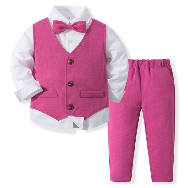 Completi di abbigliamento Neonati maschi 3 pezzi Abito da gentiluomo Bambini Gilet finto Abiti formali Set Papillon Camicia a maniche lunghe Pantaloni da smoking 230420