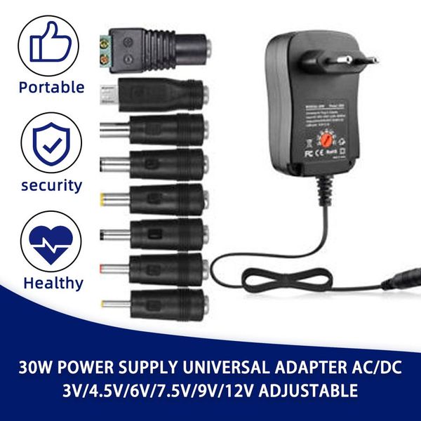 30W Evrensel Ayarlanabilir Güç Adaptörü Şarj Cihazı AC - DC Fiş 3V 4.5V 5V 6V 7.5V 9V 12V 2A 2.5A 2500mA Ters Polarite