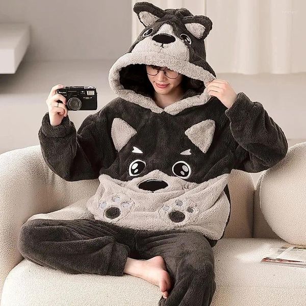 Indumenti da notte da uomo Pigiama da uomo Set Inverno caldo con cappuccio Homewear per uomo Orecchie accoglienti Cartone animato Animale Cane Camicia da notte Flanella Hombre Pijama