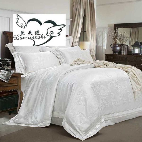Conjuntos de cama 4/6 pcs luxuosos brancos rei vermelho rei queen size conjuntos de cama de casamento cetim algodão jacquard lençol lençol de bordo conjunto de brophases 201021